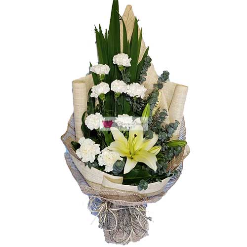 Cheap Flower Delivery Cebu 9 white carnation flower and eucalyptus and lilium in a nice wrap.