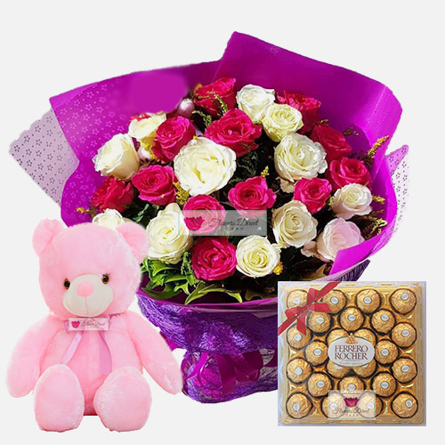 Flower Package Deal Cebu includes a nice bouquet of 24 roses in a nice wrap, 18" Light up bear and 24ct Ferrero. Rose can be white, pink or red just let us know when ordering.