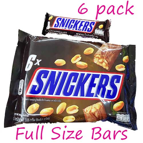 Snickers Candy Cebu Snickers Candy Cebu Bar 6 pack of full size bars. 306g 6 full size snickers candy bars, if 6 pack bag is not available then 6 individual bars will be given.