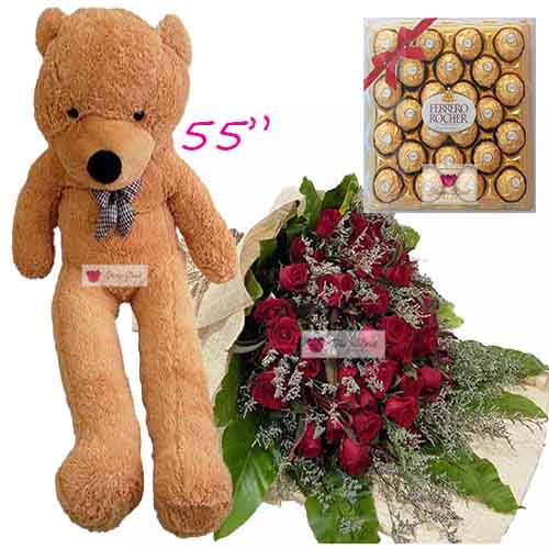 Cebu Lovers Flowers set includes; 100 Red roses in a wrap with 24ct Ferrero and a huge 55" bear.