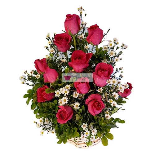 Deluxe rose basket Cebu, one dozen roses in a basket accented with baby's breath . All orders receive a free customized greeting card. Provide card message at checkout.