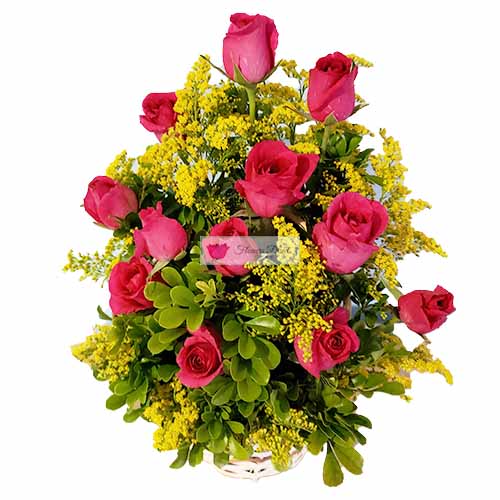 Rose Deluxe basket Cebu, one dozen roses in a basket accented with goldenrod.