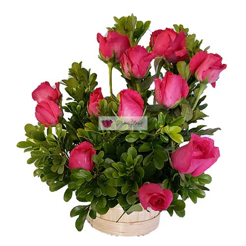 Simple rose basket Cebu, one dozen roses in a basket. All orders receive a free customized greeting card. Provide card message at checkout.