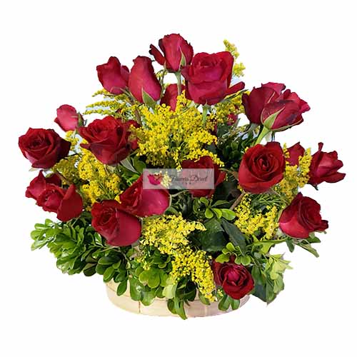 Valentines Day Flowers basket Cebu, two dozen roses in a handmade basket with goldenrod accent.